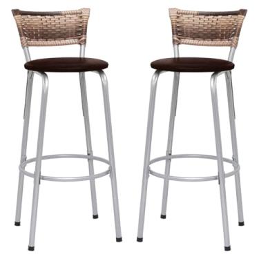 Imagem de Banqueta Altas Junco Cappuccino Estrutura Prata 70cm Para Balcão Cozinha, Bar, Bistrô, Americano Kit 02 Unidades - Itagold (Marrom Claro)