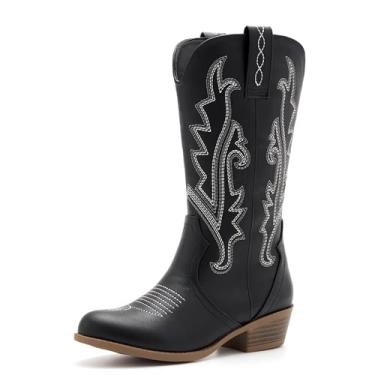 Imagem de Botas de caubói bordadas para meninos e meninas, cano médio, bico redondo, sapatos de equitação para crianças pequenas/crianças grandes, Preto, 2 Little Kid