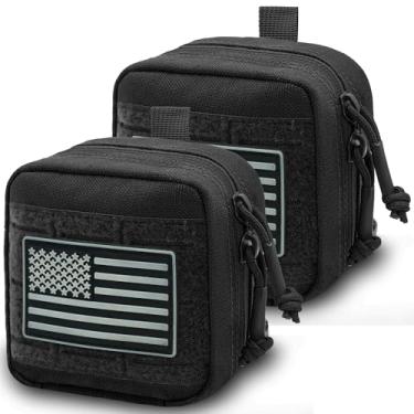 Imagem de Bolsa utilitária Tactical MOLLE Admin com bandeira, corte a laser 10 x 10 cm, bolsa pequena para cinto de ferramentas, com divisória interna e bolso de vinil removível (pacote com 2 - preto)