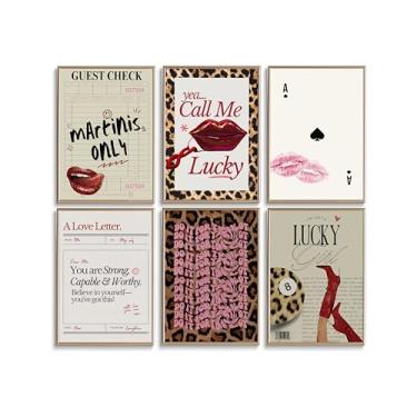 Imagem de 6 peças de arte de parede em tela leopardo moderna retrô funky preppy vermelho Lucky 8 bolas pintura estética imagens decoração de parede pôster impressão arte para quarto feminino apartamento