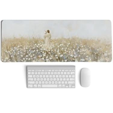 Imagem de PaJiaNi Tapete de mouse com tema cristão, mouse pad religioso de Jesus, tapete de mesa grande vintage para decoração de Páscoa, Jesus encontra o cordeiro perdido, tapete de mesa floral branco