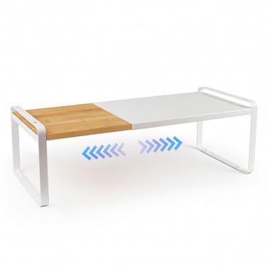 Imagem de Solcasaco Prateleiras de armário organizador de armário expansível prateleira de balcão de armário, bambu e metal, prateleira que economiza espaço, empilhável ajustável (bambu claro e branco, 1 pacote