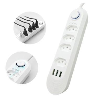 Imagem de Filtro de Linha 110-220V Botão Interruptor 2500W 4 Tomadas de três Pinos 3 USB-A Multifuncional Fio 1,90m