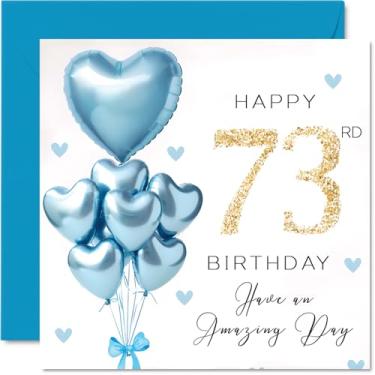 Imagem de Stuff4 Cartões de aniversário de 73 anos para homens - balões azuis com glitter - Cartão de feliz aniversário para homem de 73 anos avô irmão primo tio-avô, cartões comemorativos de aniversário de 14