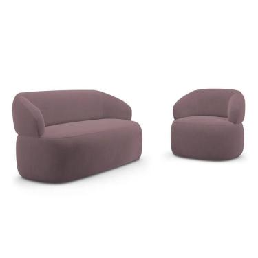 Imagem de Kit Poltrona Giratória E Sofá Orgânico Living Glee 02 Lugares 140cm Veludo Rosê - Abmaza