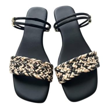 Imagem de Sandália Feminina Rasteirinha Casual Luxo, Preta com Tiras Trançadas em Dois Tons, Design Confortável com Fivela Dourada