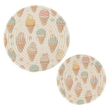 Imagem de Blueangle Pacote com 2 trivets padrão de sorvete para pratos quentes - suportes de panela resistentes ao calor, almofadas quentes trançadas e porta-copos - tapetes de mesa duráveis para cozinhar