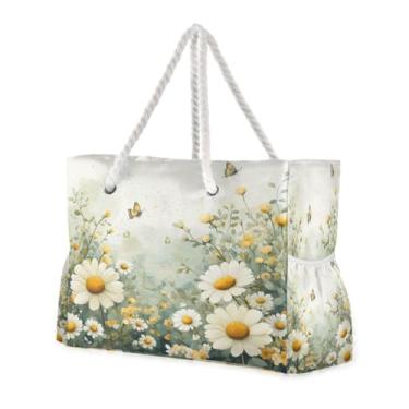 Imagem de ATTX Aquarela Prado Margaridas Bolsas de Praia para Mulheres - Bolsas de Praia Grandes com Zíper Impermeável À Prova de Areia Saco de Piscina Bolsa Grande #289