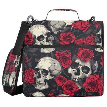 Imagem de SEHANY Fichário com zíper de caveira e flor com alça de ombro, capacidade para 500 folhas, vários bolsos, fichário com 3 anéis e zíper de 3 anéis