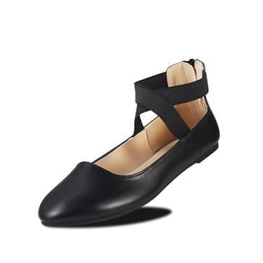 Imagem de EMMA NEW YORK Sapatilhas femininas confortáveis com alça, sapatilha bailarina com tiras elásticas no tornozelo para mulheres, sapatos renascentistas, sapatos de bailarina rasos, Preto PU, 37