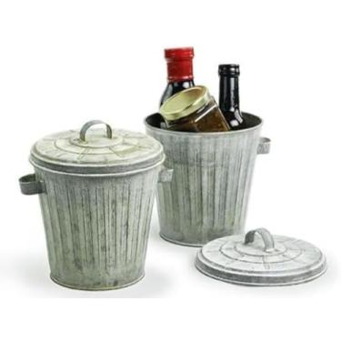 Imagem de HAPPY DEALS ~ Lata decorativa de 15 cm com tampa, conjunto de 2, acabamento vintage verdadeiro gasto, recipiente de armazenamento para flores, acessórios de mesa, baldes de lixo e mesa