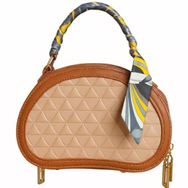 Imagem de Bolsa Feminina Pequena com Alça e lenço Design Matelassê Couro Sintético Bege e Marrom Detalhes em Metal Dourado