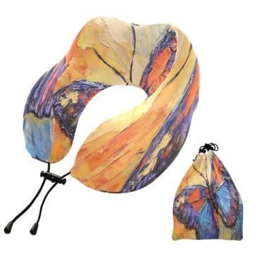 Imagem de CEBUGI Travesseiros de viagem portáteis em forma de U, travesseiro de pescoço de espuma viscoelástica com trava de corda ajustável para avião, viagem, trem, negócios, escritório, soneca (borboleta)