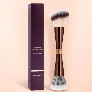 Imagem de Estojo de plástico multifuncional de escova de maquiagem de cabeça dupla de 2 peças, escovas de cabelo sintético que não irritam a pele, adequadas para FoundationO (café)