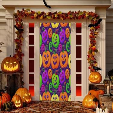 Imagem de Wassud Capa de porta colorida Halloween Pumkins decoração externa faixa interna varanda decoração de casa grande decoração de porta da frente 96 x 98 polegadas