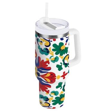 Imagem de Qilmy Copo de cerâmica retrô estilo mexicano de 850 g com tampa e palha, copo isolado de aço inoxidável durável à prova de vazamento com alça, garrafas de água à prova de derramamento para Travel1863