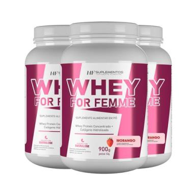 Imagem de 3x whey for femme + colageno hidrolisado 900g morango hf suplementos