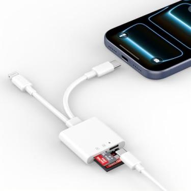 Imagem de [Certificado Apple MFi] Leitor de cartão SD para iPhone 17 16 15 14 13 12 11 XS, USB C e Lightning Dual Port SD e adaptador de cartão TF com carregamento tipo C, leitor de cartão de memória para