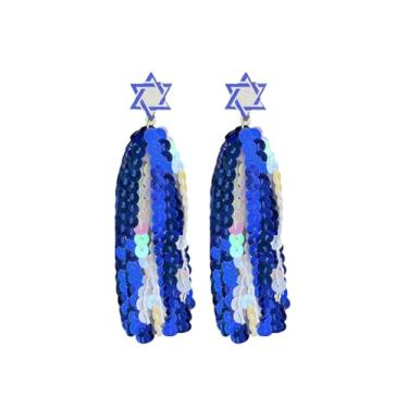 Imagem de Brincos brilhantes de Hanukkah com lantejoulas brancas e azuis borla estrela de Davi brincos pendentes de Natal judeu Hanukkah joias presentes, 3 cm, Zinco, Sem pedra preciosa