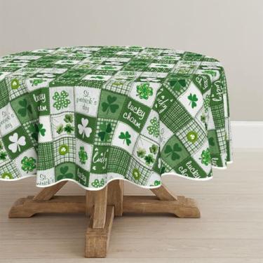 Imagem de Horaldaily Toalha de mesa redonda para Dia de São Patrício, 228 cm x 234 cm, estilo patchwork, xadrez, buffalo, verde, lavável, sazonal, para decoração de festa, piquenique, jantar