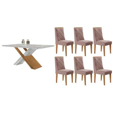 Imagem de Sala Jantar Mesa Imperatriz Tampo c/ Vidro Curvo 180cm+6 Cadeiras Pietá Madeira Naturale/Off White - Capuccino/Linho Capuccino - Rufato