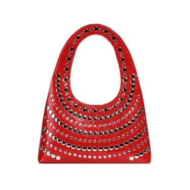 Imagem de Bolsa tiracolo feminina de couro rebite designer feminina fashion feminina bolsa carteiro, Vermelho, One Size