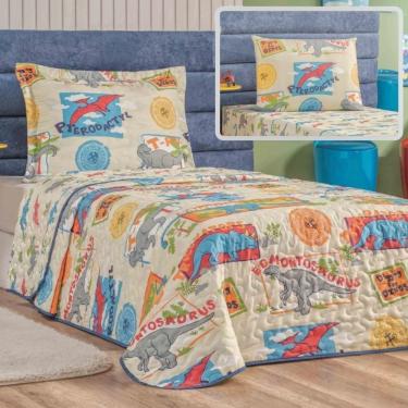 Imagem de Enxoval Kit Colcha + Jogo De Cama Lençol Bouti Solteiro Infantil Kids 4 Peças - Dino