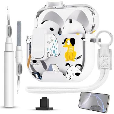 Imagem de Meiyasy Capa para AirPods 4 com clipe de bloqueio seguro no suporte de telefone, capa protetora floral feminina com kit de limpeza e alça de mão para Apple AirPod 4 Geração (Cão Branco)