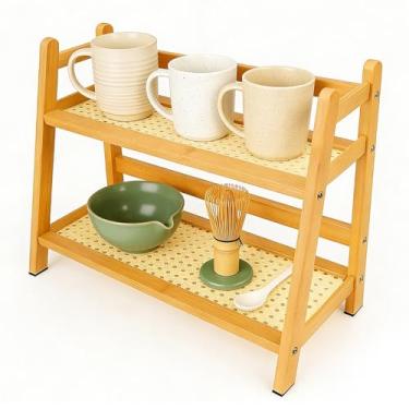 Imagem de Palksky Prateleira de estação Matcha e organizador de estação Matcha de bambu, prateleira de vime de 2 camadas para canecas de café, plantas, chá, suporte de exibição de estação Matcha e acessórios