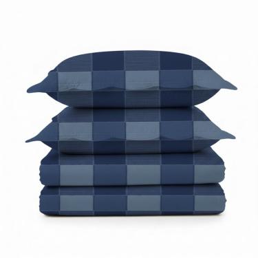 Imagem de Kit Cobre Leito Colcha Magnus Queen 3 Peças Dupla Face Estampado Geométrico - Xadrez Marinho - 100% Poliéster