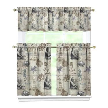 Imagem de Tapesb Conjunto de cortina e saia de cozinha pirata de navegação 3 peças engraçadas pequenas cortinas de janela sobre a pia essenciais para decoração de cozinha, quarto, lavanderia, 70 x 91 cm