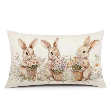 Imagem de MIGEEN Capa de almofada de coelhinho da páscoa 30 x 50 cm cesta de flores de coelho ao ar livre rústica decoração de primavera flores silvestres decoração de almofada para sofá sofá
