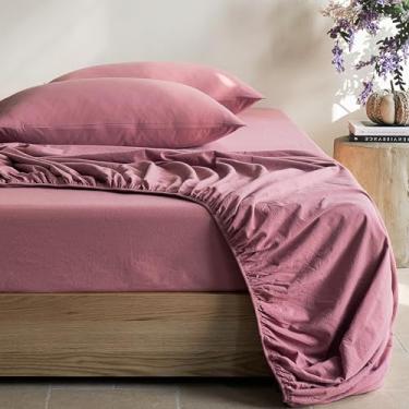 Imagem de JELLYMONI Lençol Queen algodão marrom, 1 peça, lençol com elástico profundo de 40,6 cm, liso, 100% algodão lavado, macio, respirável, durável (152 x 203 cm + 41 cm)