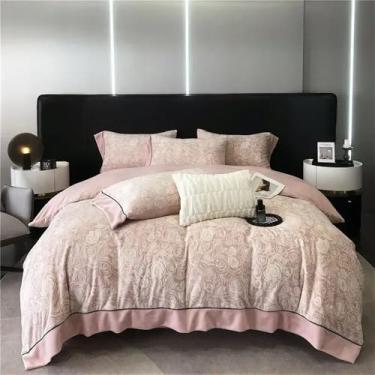 Imagem de Conjunto de cama Queen Style, roupa de cama macia, capa de edredom de inverno, lençóis de casal, edredom com borda larga, rosa, lençol de baixo com elástico para cama de 1,80m.