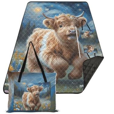 Imagem de TSENQUE Cobertor de praia Highland Cow Calf Flowers à prova de areia impermeável, cobertores de grama para atividades ao ar livre, tapete de piquenique dobrável, fofo, 299 cm x 203 cm