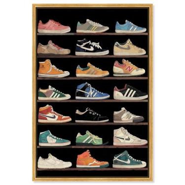 Imagem de Coleção de tênis nas prateleiras arte de parede de tênis impressão em tela por Art Remedy, moldura dourada, 25 x 38 cm
