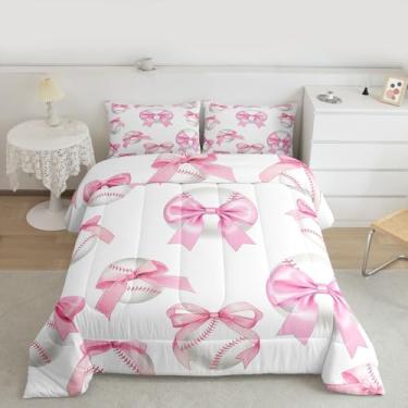 Imagem de Jogo de cama casal com laço de beisebol, 3 peças, para decoração de quarto de crianças, meninas, meninos, mulheres, estampa de gravata borboleta rosa, doce e moderno, 2 fronhas
