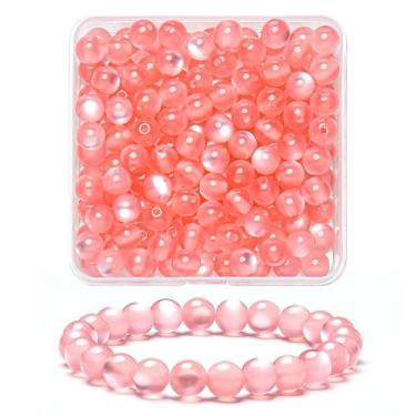 Imagem de 100 peças de contas de olho de gato lisas naturais de cor rosa água de 8 mm, contas redondas soltas de pedra preciosa para fabricação de joias com cordão elástico de cristal (cor 6)