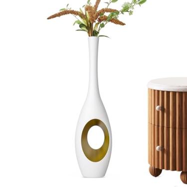 Imagem de Rocendlor Vasos brancos de 60 cm – Vaso oval moderno com recortes dourados e pescoço fino, vasos altos decorativos de luxo para sala de estar, casamento, decoração de casa – Vaso alto de resina