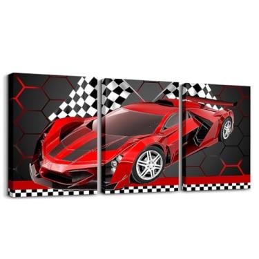 Imagem de Feelyou Arte de parede em tela de carro de corrida vermelho para sala de estar quarto 30,5 cm x 40,6 cm 3 peças carro esportivo velocidade decoração de parede decoração de escritório extrema arte