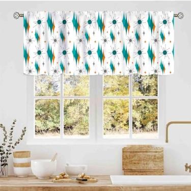 Imagem de Cortinas de cozinha modernas de meados do século, verde-azulado, geométrico, atômico, abstrato, estilo retrô dos anos 1950 e 1960, bolso para varão pequeno para janela, para café, sala de estar