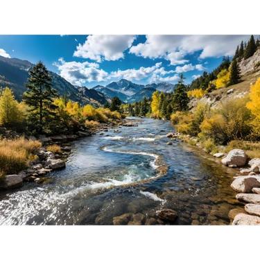 Imagem de Kosydown Basic Tapeçaria de pinheiro verde para quarto, nuvens brancas, paisagem de rio fluindo 127 x 101 cm