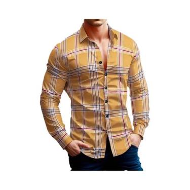 Imagem de Camisa Casual Masculina Com Estampa Xadrez Clássica, Gola Lapela, Mang