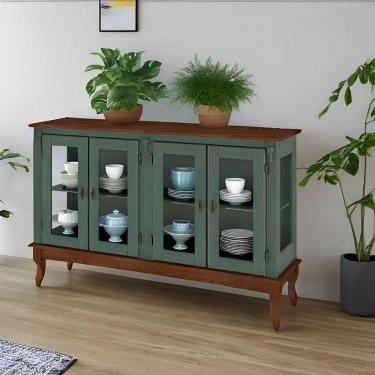 Imagem de Cristaleira De Madeira 4 Portas, 1 Prateleira E Pés Luiz Xv - Verde Kalle Laca Com Tampo E Base Imbuia Glazer