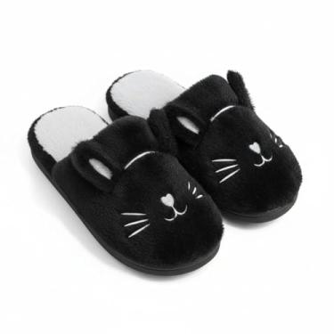 Imagem de Pantufa Feminina Infantil de Gato Antiderrante Macia Confortavél (Preto, BR, Adulto, Numérico, 36)