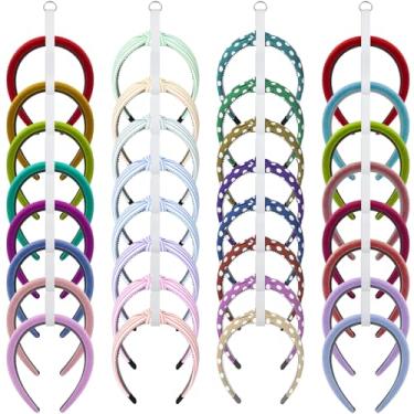 Imagem de FMOACEN Organizador de faixa de cabelo com 4 peças, acessórios brancos para pendurar na parede, suporte de argola de cabelo com 32 anéis no total para mulheres e meninas, decoração de armário de