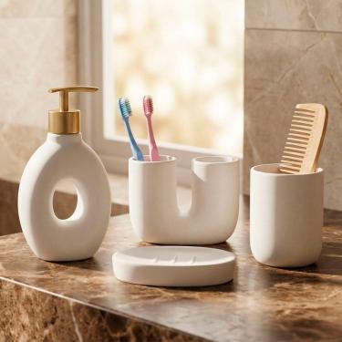 Imagem de Jogo De Banheiro Acessórios Lavabo Elegante Branco Kit 4pçs