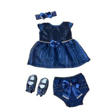Imagem de Kit Vestido Calcinha Sapatinho Laço Roupa Bebe 0-6 meses 4pc - Lala Lu