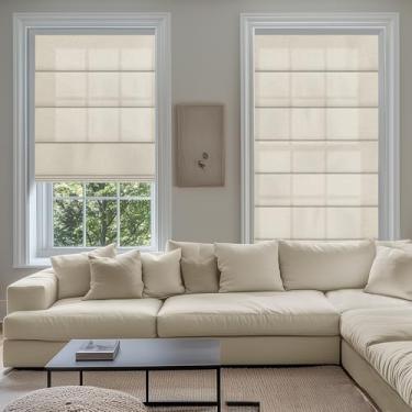 Imagem de Sulugood Persianas romanas sem perfuração para janelas sem ferramentas, proteção UV, persianas romanas com isolamento térmico, fácil de instalar, 78% blackout-bege 70,5 cm L x 56 A
