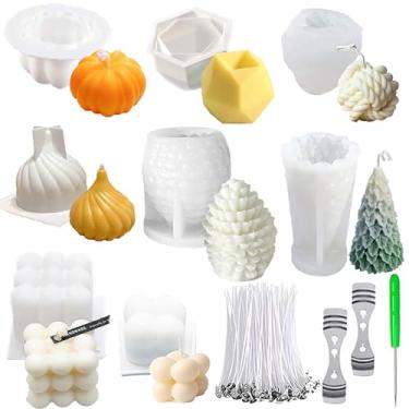 Imagem de Conjunto de 8 moldes de silicone para fabricação de velas, molde de silicone 3D, árvore de Natal de abóbora, pinheiro, bolha, cubo, sabonete, sobremesa, molde de vela de cera de soja, vela perfumada